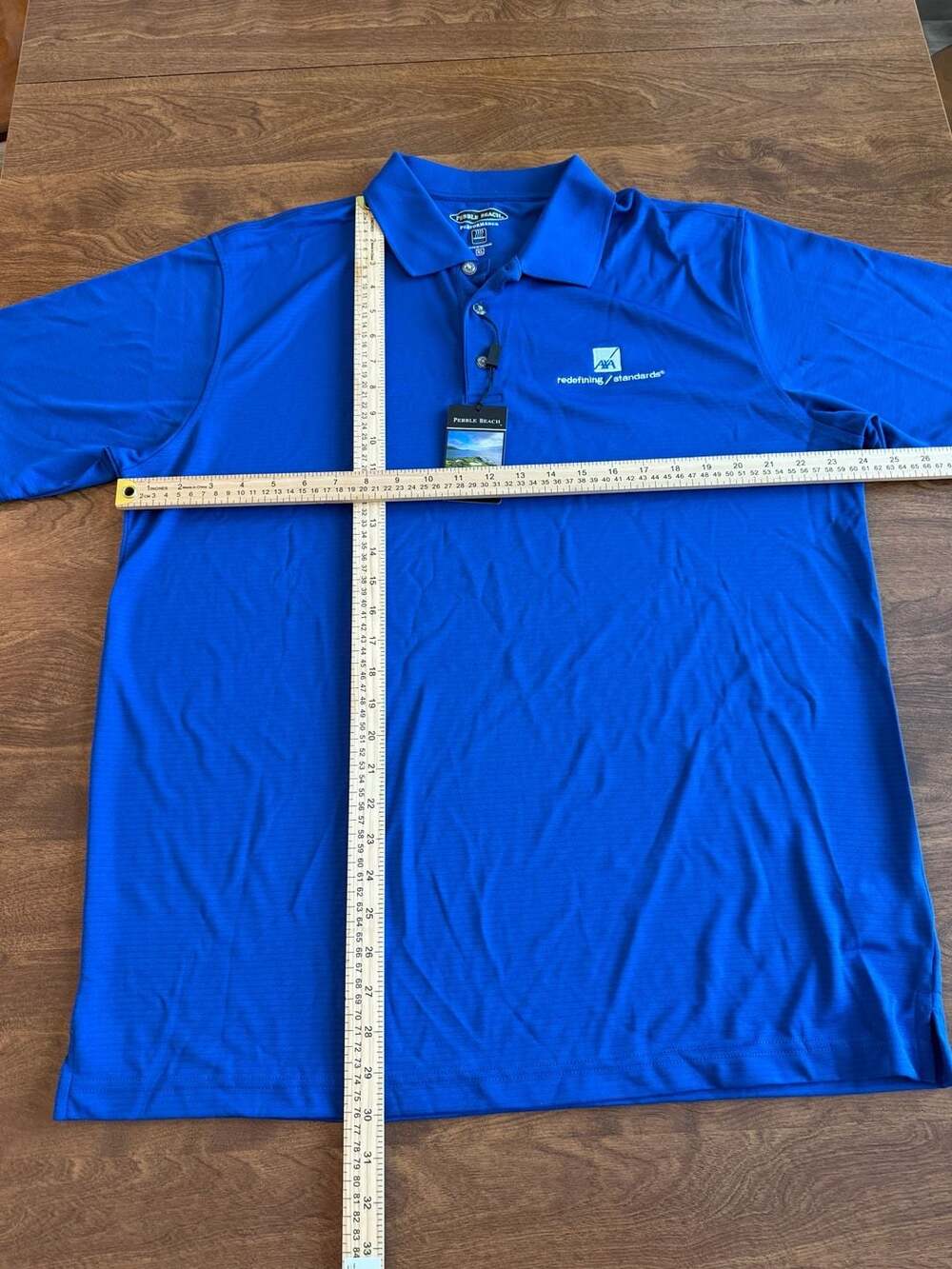 Pebble Beach Performance Mens Blue Polo Shirt with AXA Redefining Standards Logo